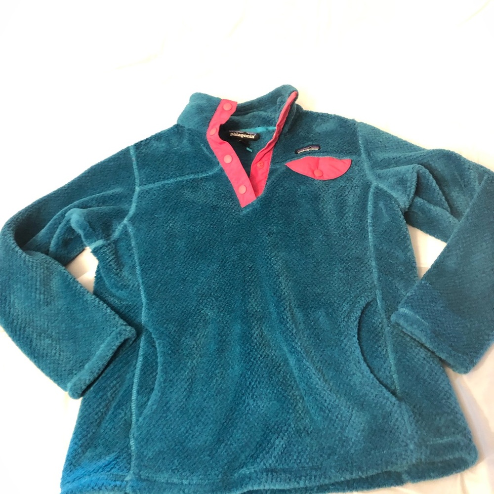 Girls as 10 Patagonia green pink 1/4 snap pullover